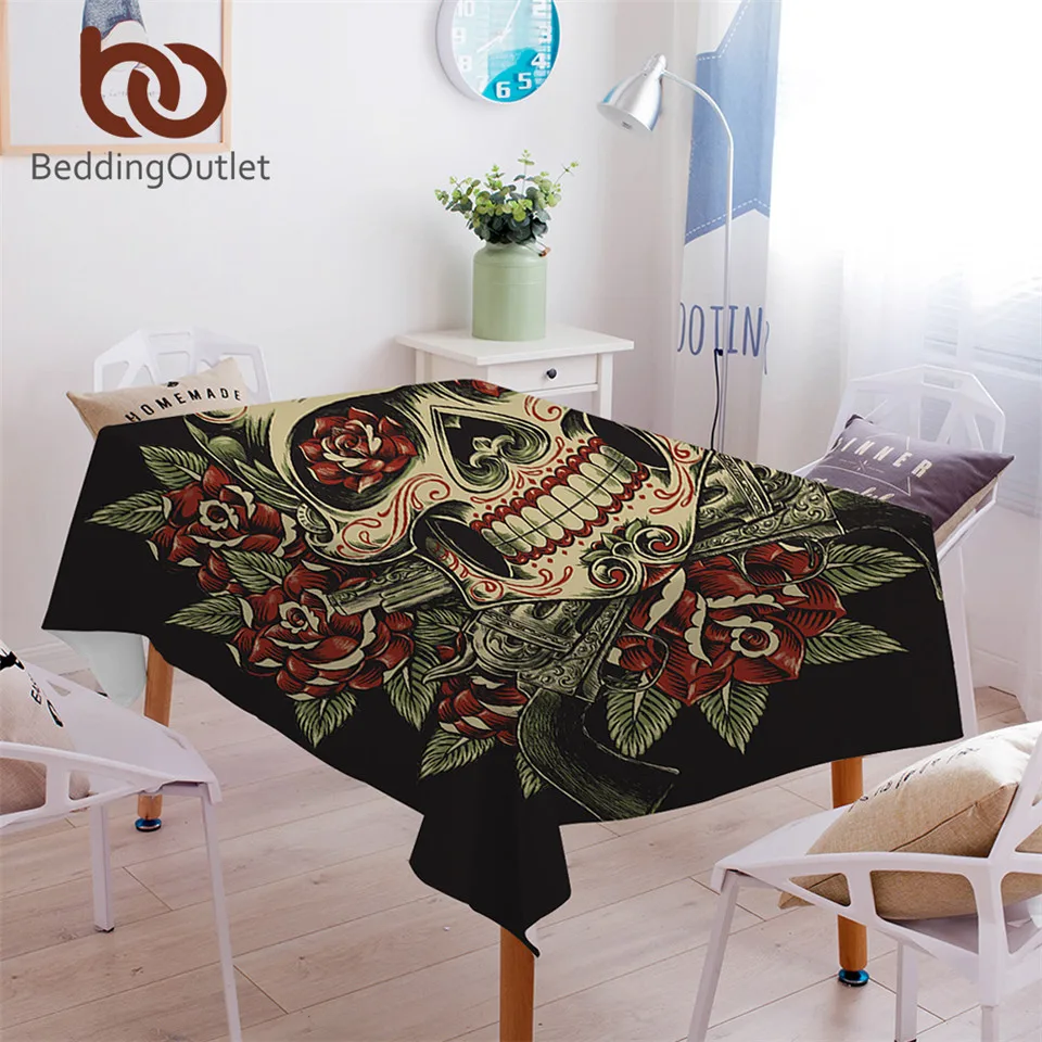 

BeddingOutlet Floral Skull Tablecloth Flowers Vintage Waterproof Table Cloth Sugar Skull Gothic Table Cover Washable for Picnic