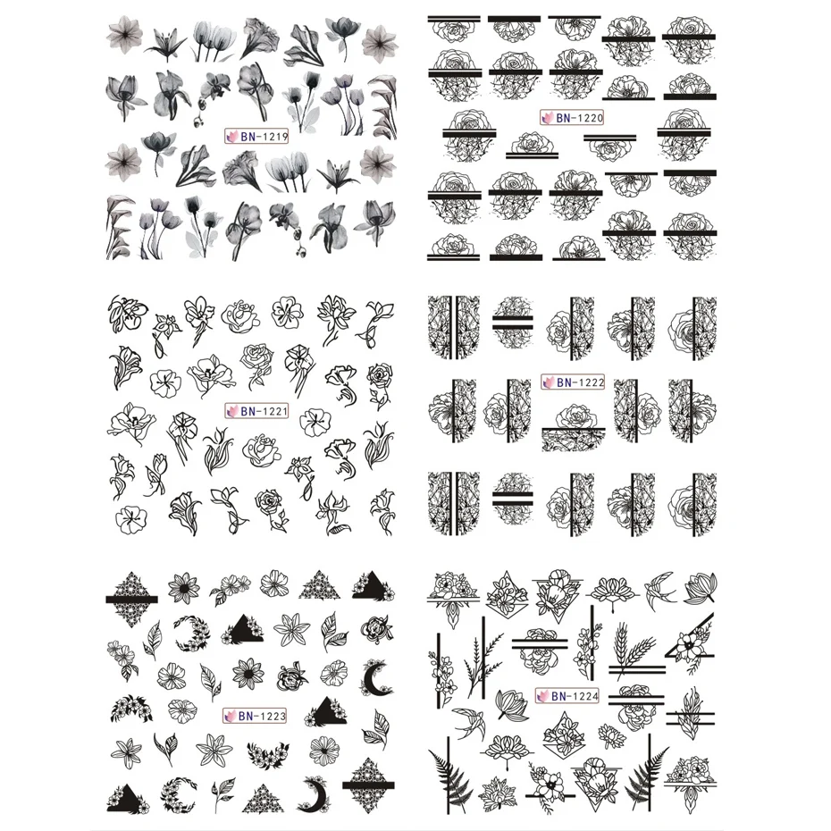1 шт черный цветок для дизайна ногтей Наклейка полые акварельные цветочные конструкции переводная вода Маникюр слайдер Декор JIBN1213-1224-1