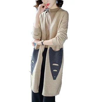 

Autumn new casual women loose large size knit cardigan long pocket hit color without buckle long sleeve sweater coat