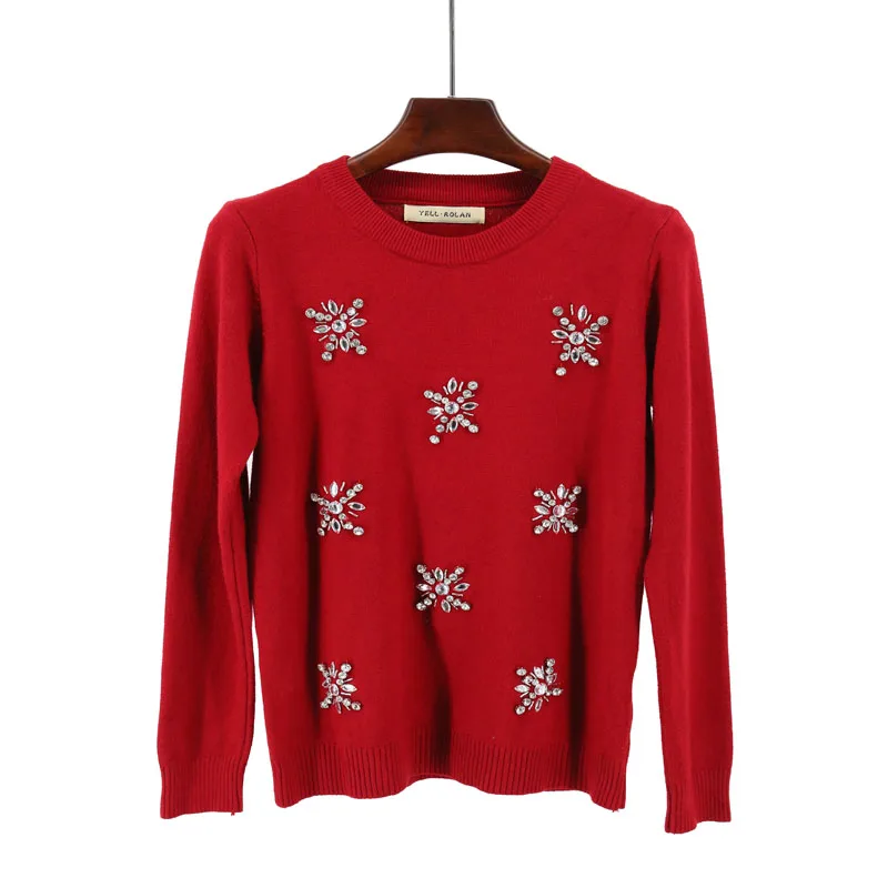 2018 New Design Women Spring Casual Warm Knitted Pullover Clothing O-Neck Simplee Long Sleeve Sweaters with Zircon Loose Sweater Sweaters