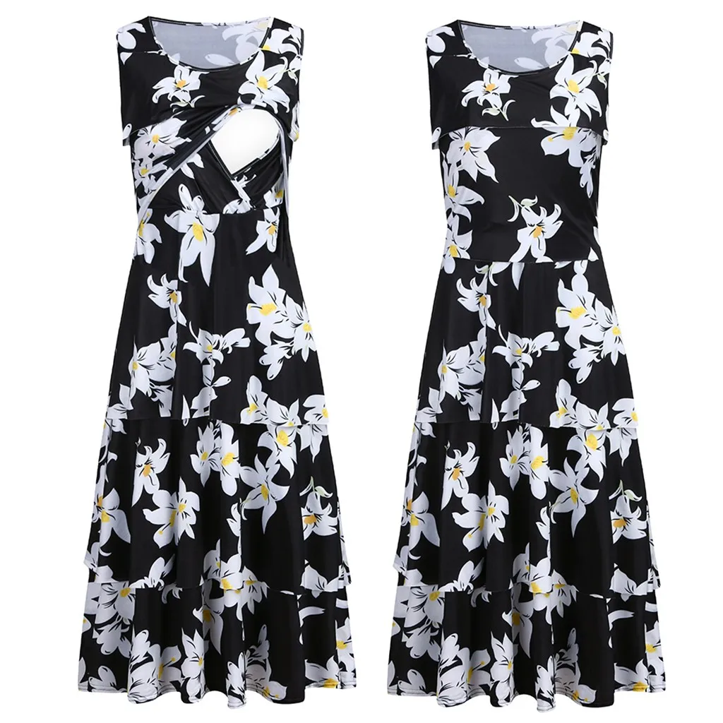 

Maternity Dresses Sleeveless Soft Summer Refreshing Lily Floral Print Nursing Dress For Breastfeeding Pregnancy Dress 2019 New