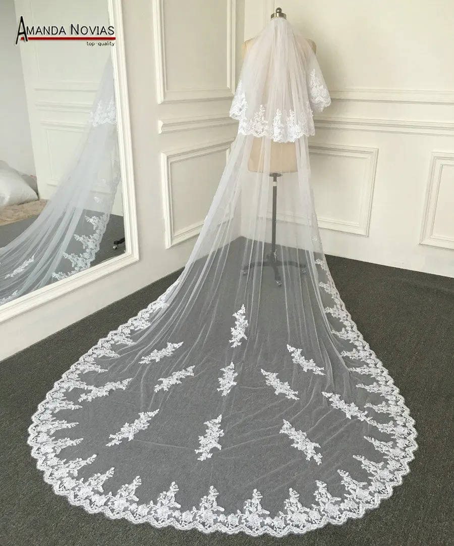 

Latest Two Layer Lace Edge Veil Real Photos 2019