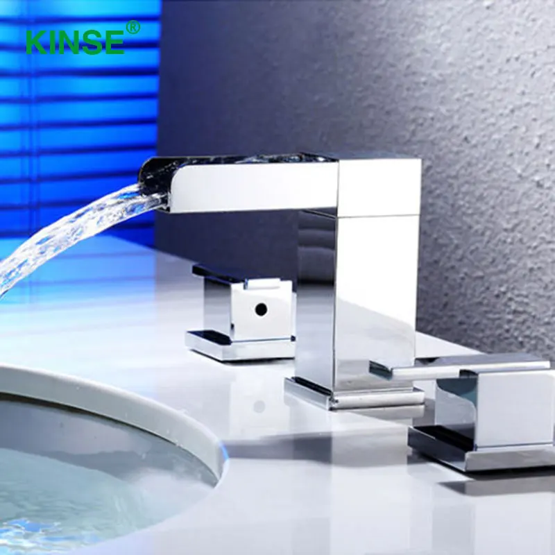 

KINSE Contemporary Art Style Dual Holder Dual Hole Chrome Faucet Deck Mount Waterfall Basin Mixer
