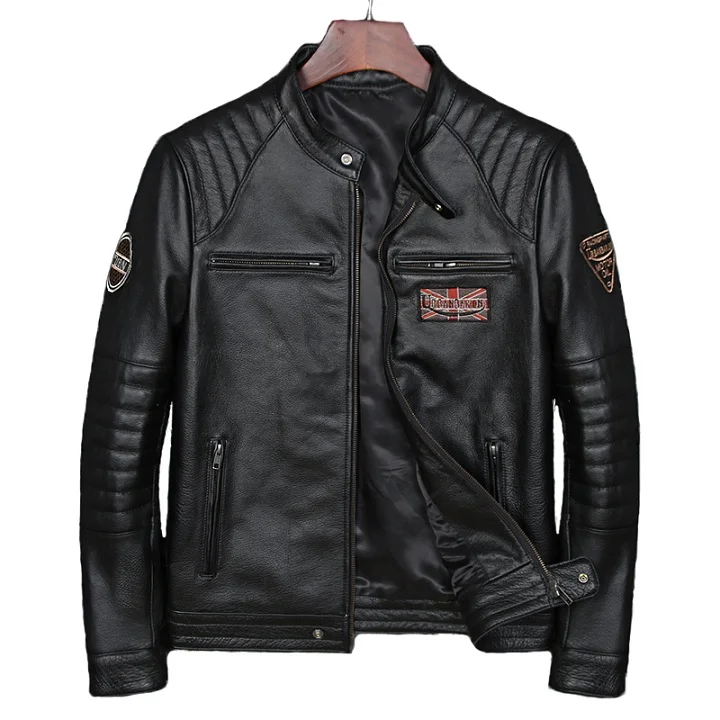 real sheepskin coat Free shipping,Biker Popular style Vintage men's quality genuine leather Jacket slim 100% natural cowhide coat.leather clothing cowhide leather jacket mens Genuine Leather