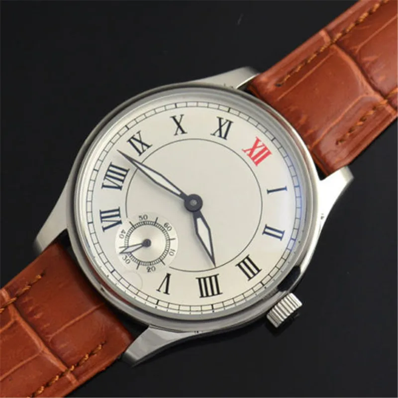 44mm Parnis White Dial Brown Strap Hand Winding Asian 6498 Movement Watch