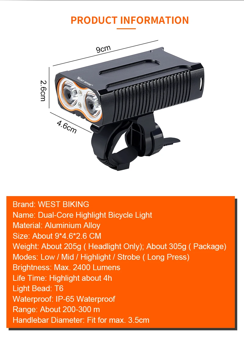 WEST BIKING MAX 2400LM велосипедный светильник usb зарядка 2 T6 светодиодный передний Фонарь велосипедный головной светильник IP-65 водонепроницаемый задний светильник велосипедные фары