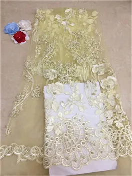 

Top Selling African Pure White Tulle lace High Quality African yellow French Net Lace Fabric with heavy stones and beads(FJ19-4