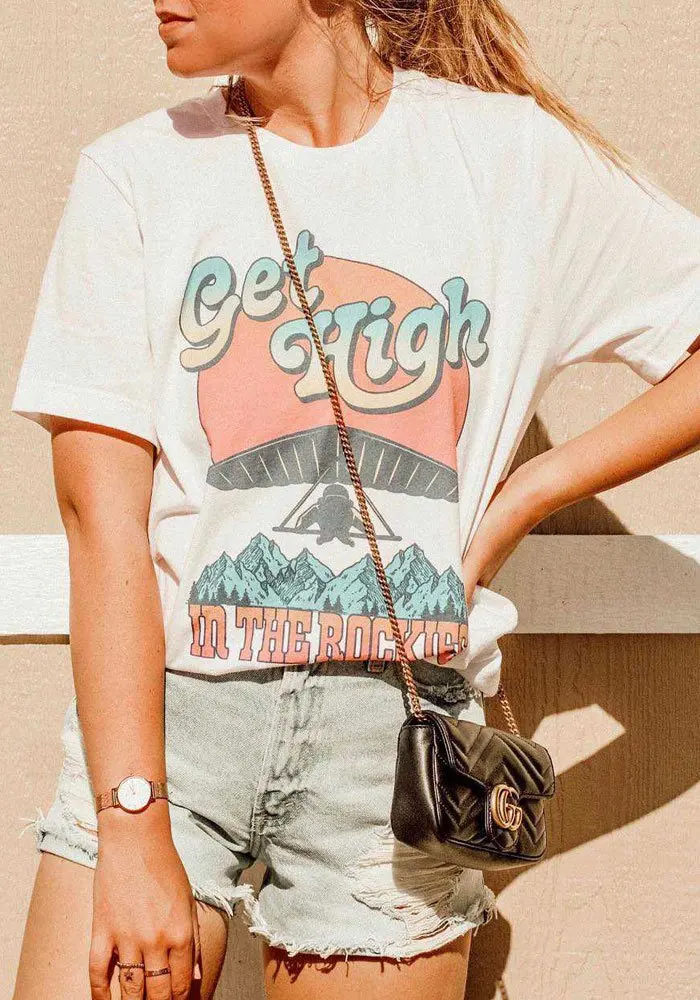Деревенский смешной получить высоко в Скалистых скалах Девушка топы Графический футболки Винтаж стиль короткий рукав Colorado сувенир путешествия футболка для женщин