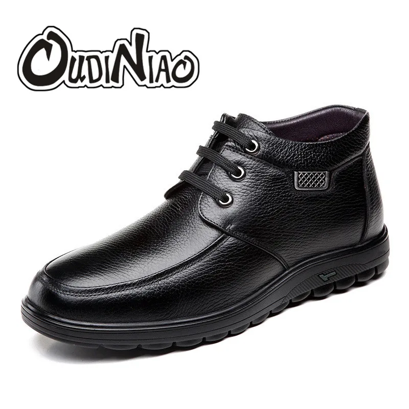 

OUDINIAO Ankle Men Boots Plush Lace Up Warm Winter Men Shoes Genuine Cow Leather Shoes Men Solid Black Brown Round Toe Shoes