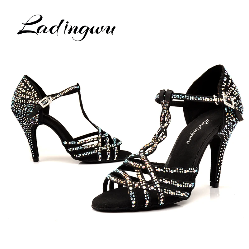 Ladingwu Dance Shoes Salsa Women Black Apricot Silk satin Latin Dance Shoes Shine Rhinestone Ballroom Shoes Dance Soft Bottom