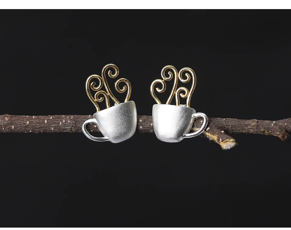Lotus весело Настоящее серебро 925 проба заклепки творческий ручной Fine Jewelry чашка горячего кофе стильные серьги-гвоздики для Для женщин Brinco