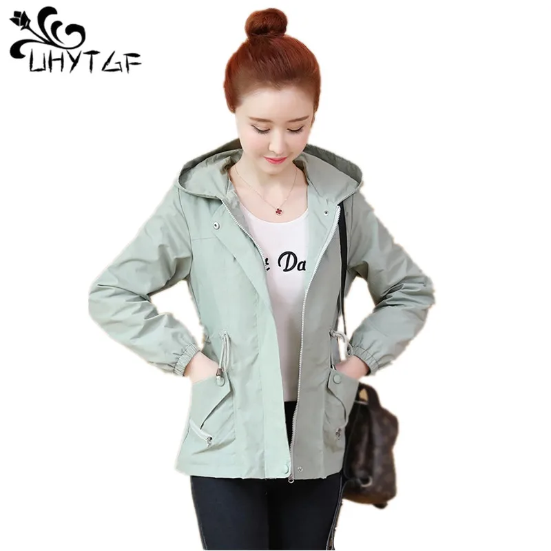 

UHYTGF 2019 New High Quality Women Spring autumn Wild Casual Hooded tops Cardigan Female trench Coats fashion trench coat X210