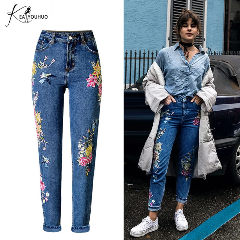 embroidered mom jeans