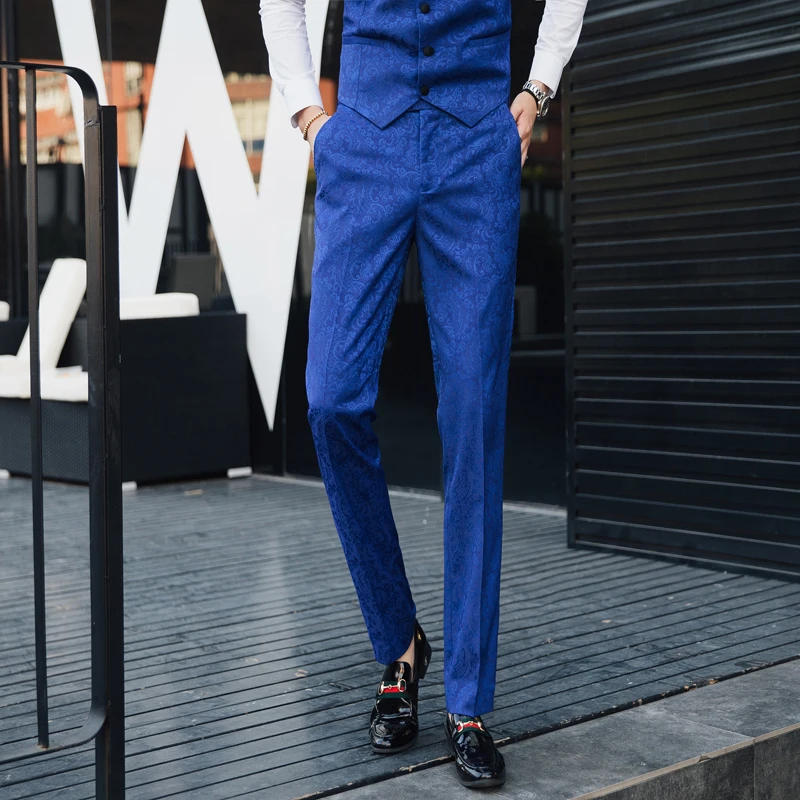 Classic High-end Men's Blue Print Suit Pants Fashion Business Banquet Men Dress Trousers Size 29 30 31 32 34 36 38 40