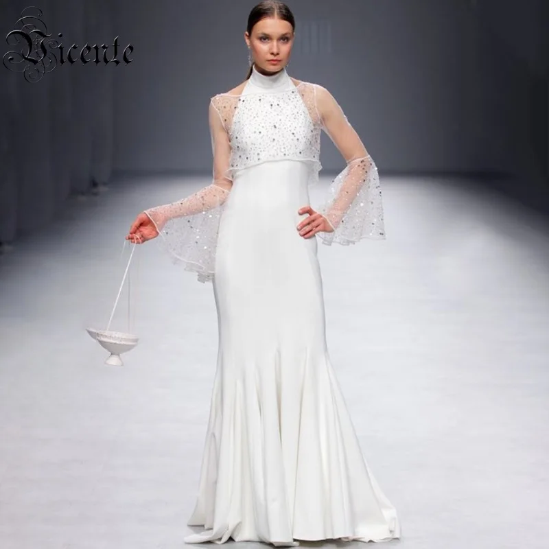

Vicente 2019 Two Pieces Sets Dot Sequins Embellished Long Flare Sleeves Tops Sleeveless Turtleneck Celebrity Party Dress Suit