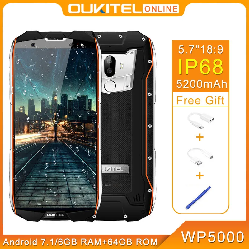 Смартфон Oukitel Wp5000 Ip68 Seal 6 Gb 64 Gb 5200 Mah 5," 18: 9 дисплей Helio P25 Octa Core 4G отпечаток пальца 9 V/2A
