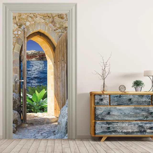 free shipping 3d outdoor seaside door wall stickers diy mural