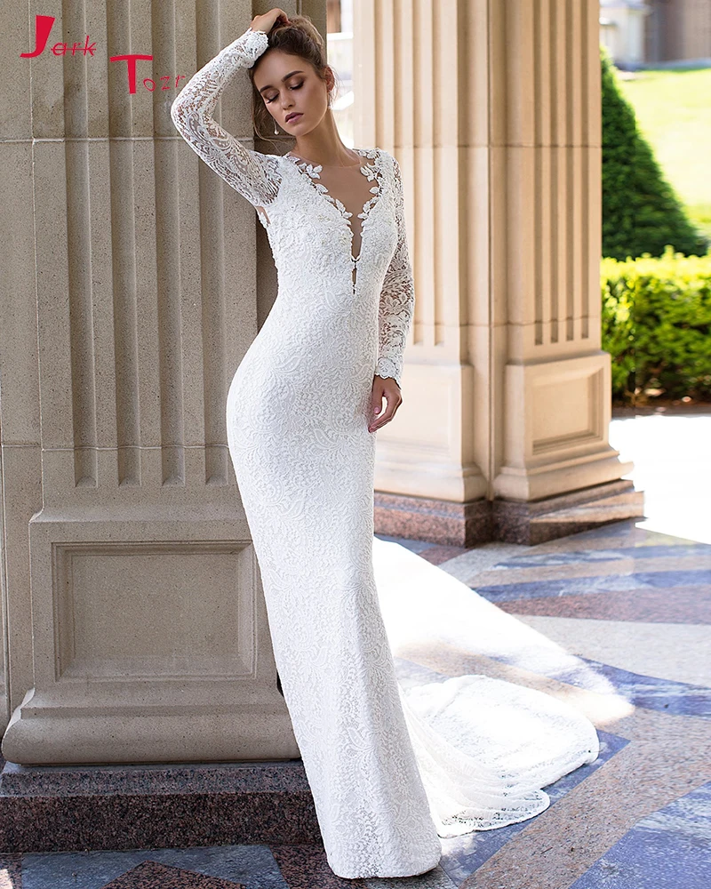 

Vestido De Noiva Renda 2019 New Arrive Long Sleeve See Through Zipper Up Back Lace Wedding Dress Mermiad Elegant Bruidsjurken