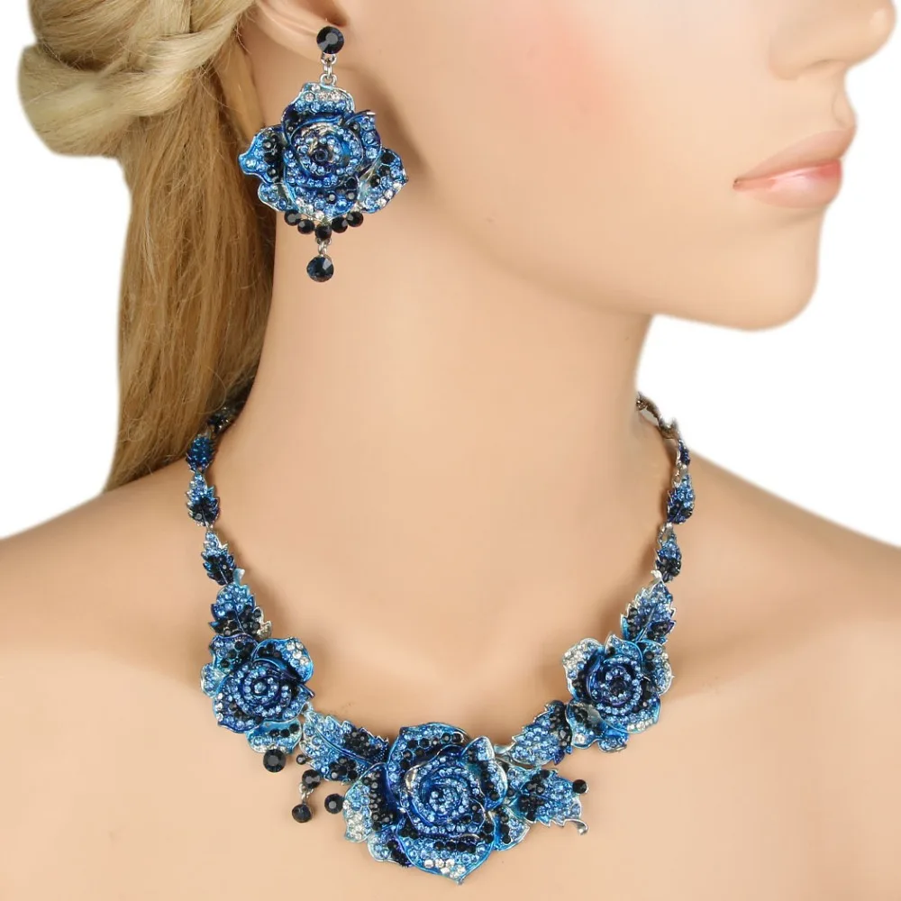 Buy Bella Fashion Blue Rose Flower Necklace Earrings