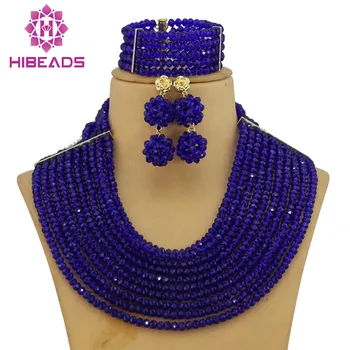 

Free Shipping African Royal Blue Beads Wedding Jewelry Set African Costume Nigerian Crystal Beads Jewelry Set Wholesale GS031