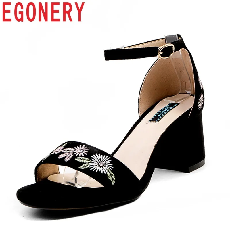 

EGONERY new style 2018 fashion kid suede embroider high square cover heels ankle buckle strap ethnic casual summer women sandals
