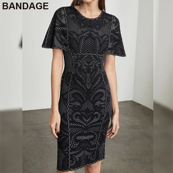 

Leger Babe 2019 HL Uk 90% Rayon 9% Nylon 1% Spandex Celebrity Evening Party Short Sleeve Knee High Black Jacquard Bandage Dress