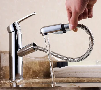 

Free Shipping Elegant Pull out Spout Chrome Short Solid Brass Bathroom Vanity Sink / Basin Crane / Torneira Faucet Tap Mixer