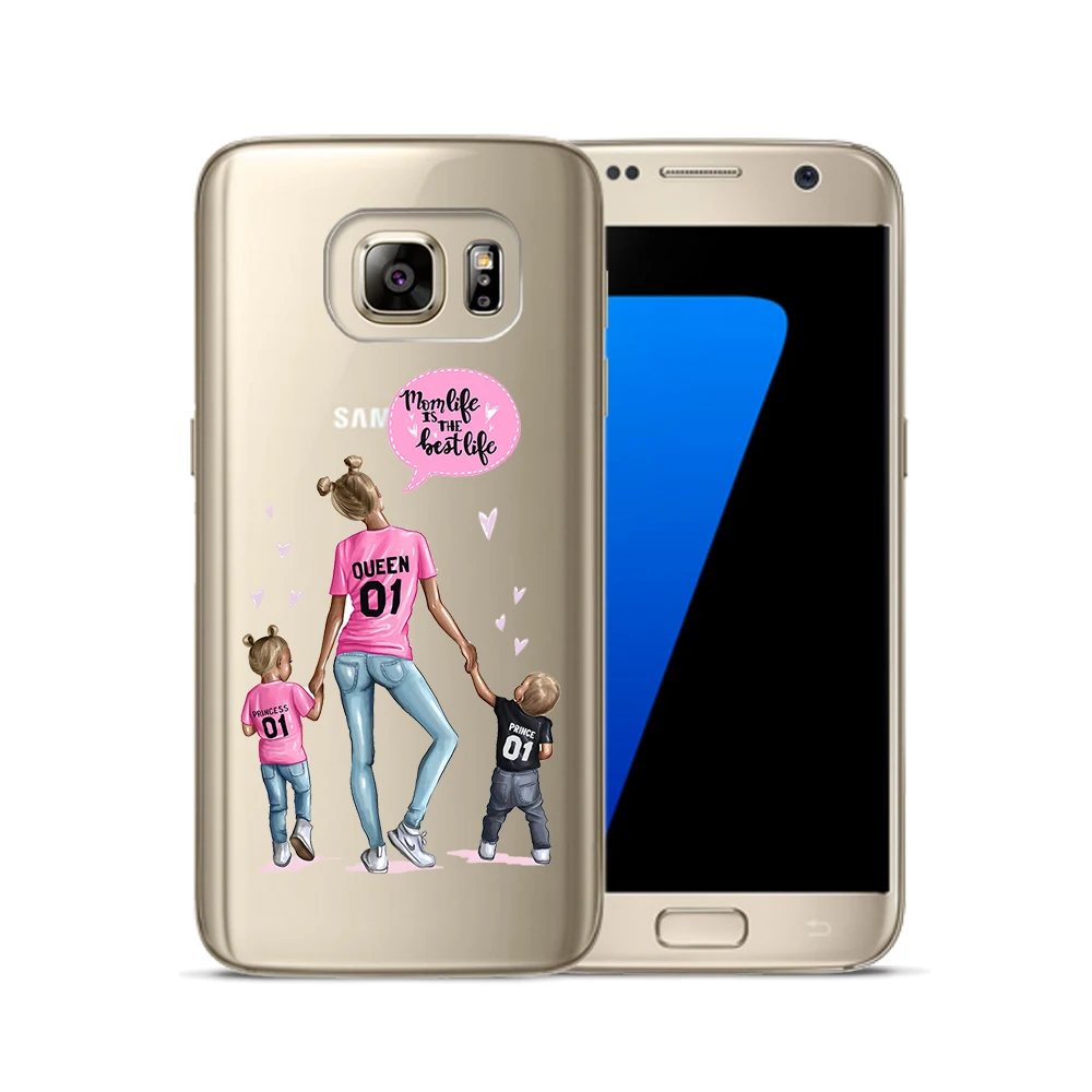 Fashion Black Brown Hair Baby Mom Girl Queen Soft TPU Cover For Samsung Galaxy S6 S7 Edge S8 S9 Plus S10 Plus E Note 8 9 Case
