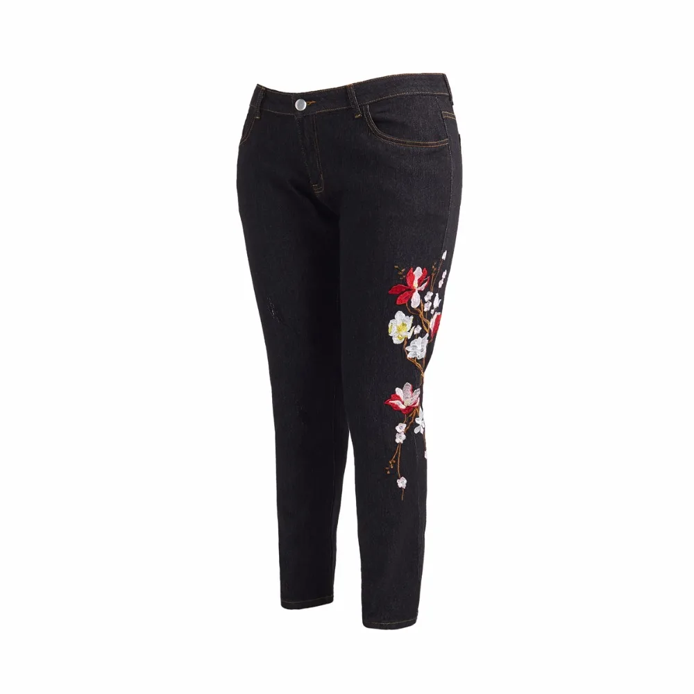 

New Women's Mid Waist Flower Embroidered Demin Skinny Fit Stretch Jeans For Plus Elastic Jeans Embroidery Designs Pants