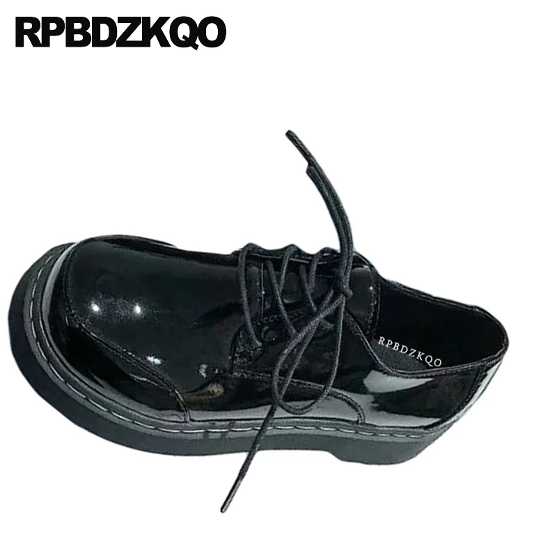 thick sole patent leather black japanese wide fit shoes ladies low heel china creepers platform elevator lace up oxfords women