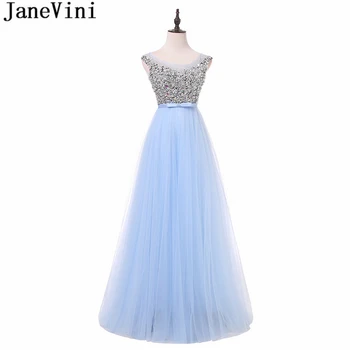 

JaneVini 2018 Long Bridesmaid Dresses Luxury Sequins Beads Tulle A Line Sheer Scoop Neck Backless Floor Length Formal Prom Gowns
