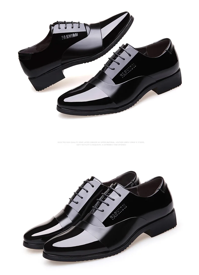 Height increasing 6CM Pointed Toe Formal Men Dress Shoes Patent Leather Wedding Shoes for Men Elegant Black Leather Shoe