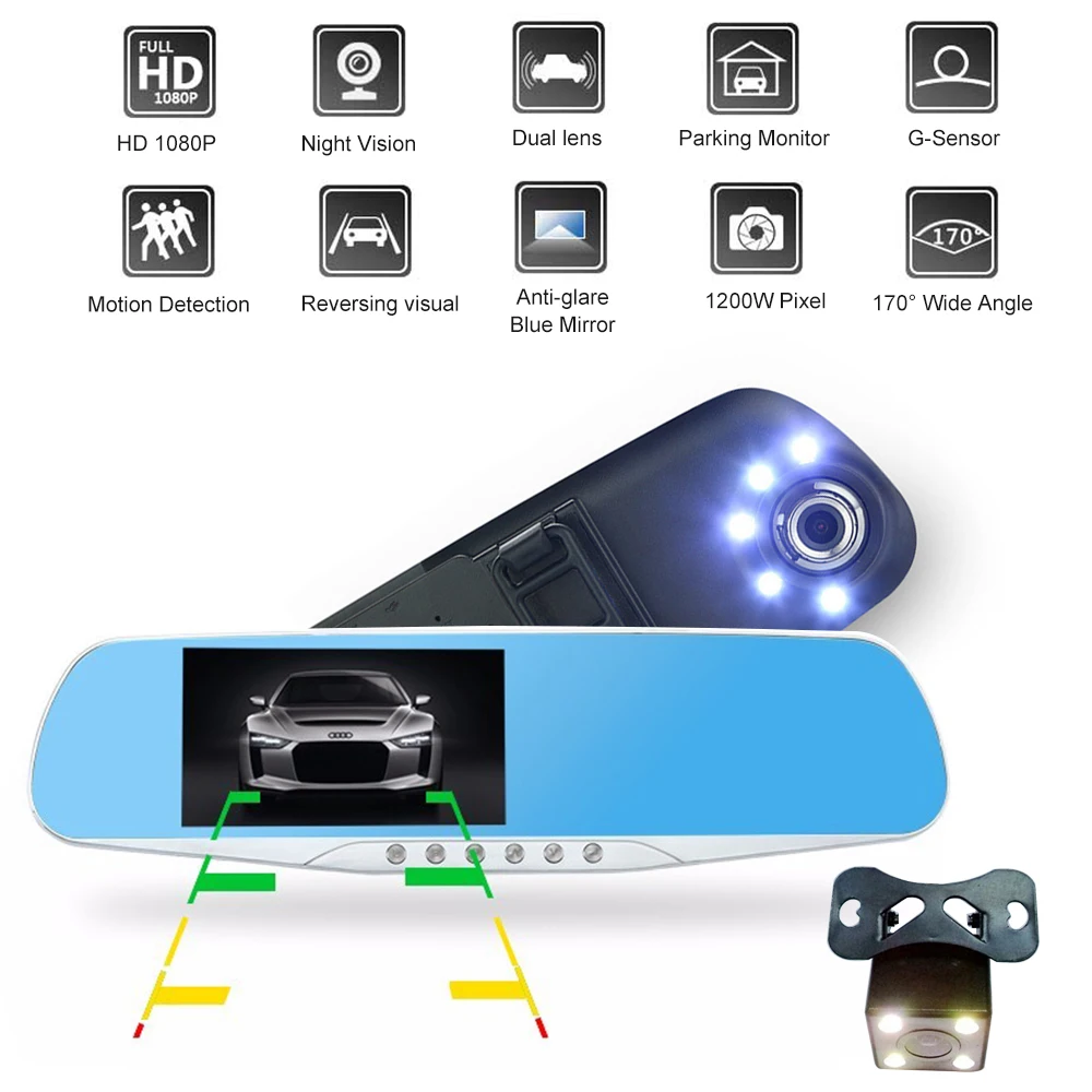 

4.3 Inch High Definition Car Dashcam Video Recorder Night Vision Dual Lens HD DVR Camera 1080P