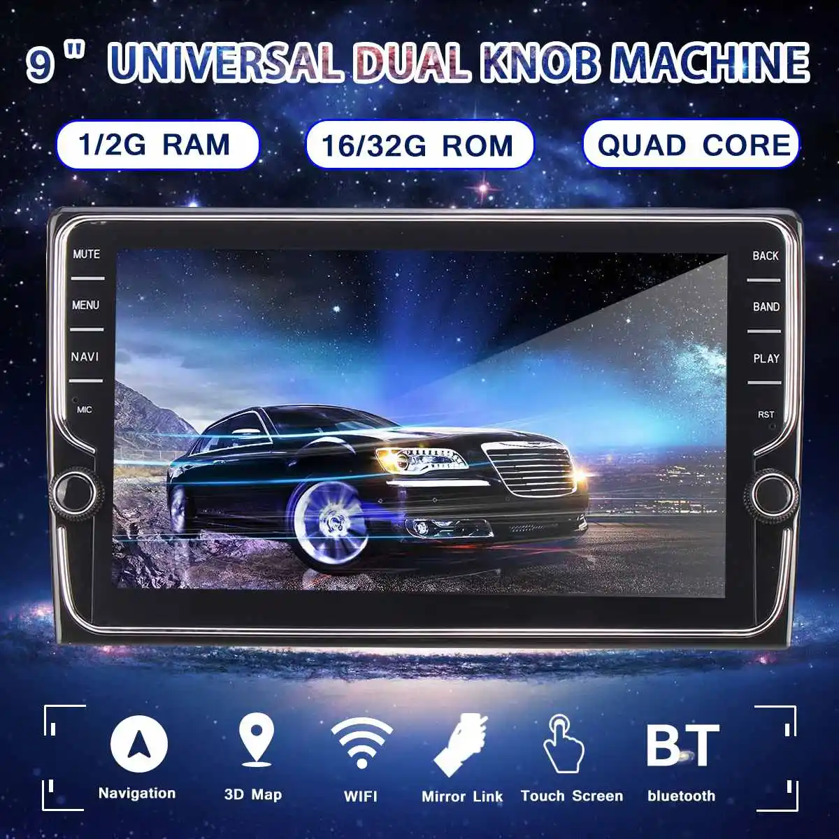

9" Car Multimedia Player Stereo for Android 8.1 2 Din with Dual Knob Wifi bluetooth GPS Nav Touchscreen Radio Player 1G/2G