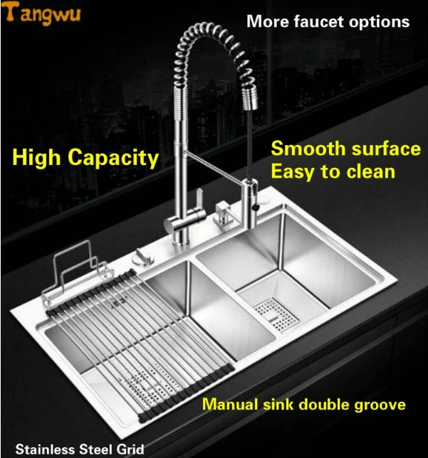 Tangwu Deluxe кухонная раковина ручной двойной паз большой 4 мм толстый пищевой 304 замок из нержавеющей стали дренаж 82x48x22 см
