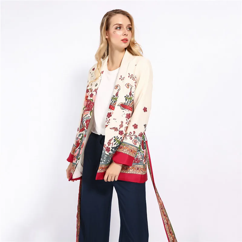 GCAROL/Новое Женское кимоно с открытым стежком и цветочным принтом, с поясом, зубчатый блейзер с воротником, винтажная уличная осенне-весенняя куртка, наряды