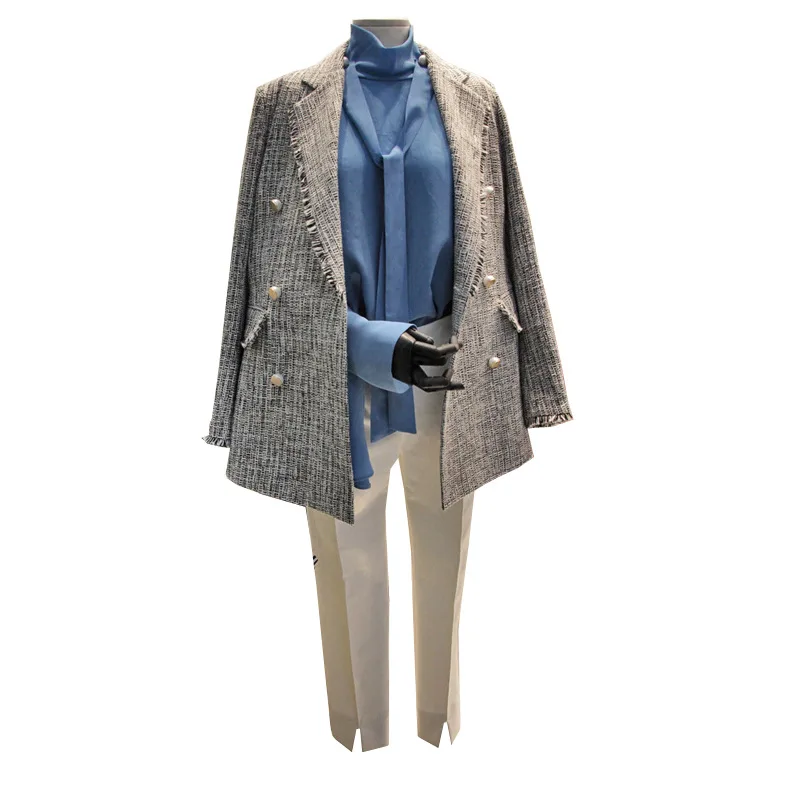 Spring  Autumn New Korean Version Small Fragrance Wind Coat Stripes Classic Double-breasted Long Female Small Women's Blazers