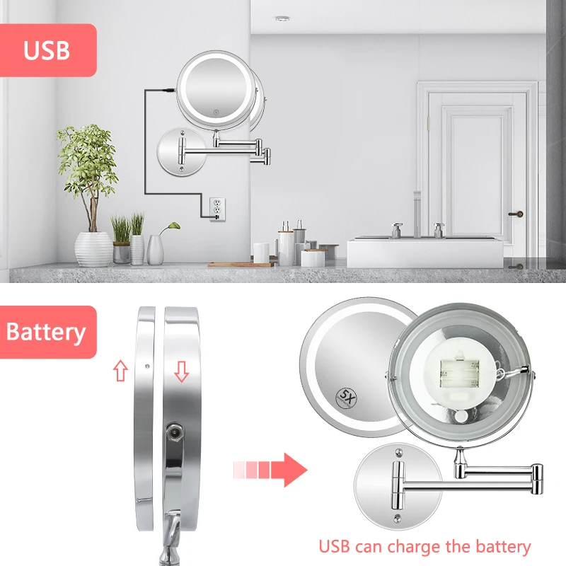  Wall Mounted Bathroom Mirror Led Makeup Mirror 1X/5X Magnification Adjustable Cosmetic Mirror USB C - 32956010647