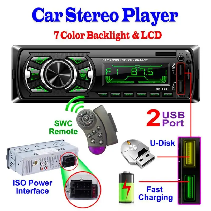 1Din в тире стерео аудио MP3 плеер ЖК-дисплей Дисплей FM радио Bluetooth TF карта У диска Aux Dual USB Дистанционное управление для автомобиля радио