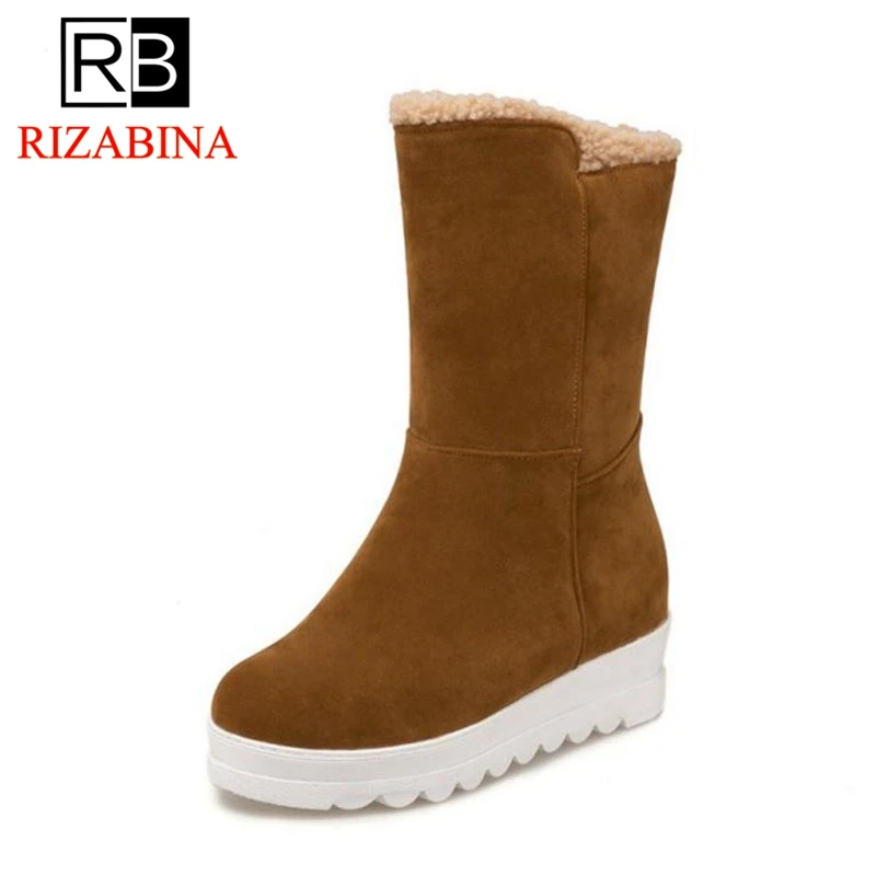 

RIZABINA Winter Women Snow Boots Warm Plush Slip On Flats Shoes Simple Women Outdoor Solid Color Mid Calf Bootes Size 34-43