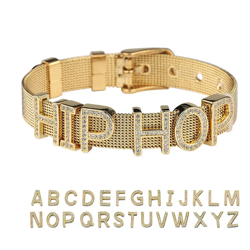 

TOPGRILLZ Customize Name Stainless Steel DIY CZ Letter Bracelets Adjustable Buckle Charm Bracelet Bangle