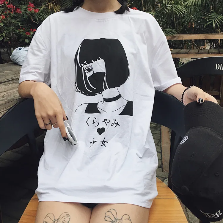 Харадзюку Японские Женские футболки с героями мультфильмов, топы в уличном стиле, уникальная графическая футболка с короткими рукавами, белые футболки, кавайные милые хлопковые футболки