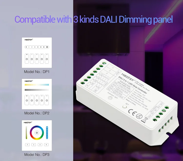 DL5 DP1 DP2 DP3 DALI RGB+CCT brightness color temperature dimming panel DALI Bus Power Supply 5 IN 1 LED Strip Controller