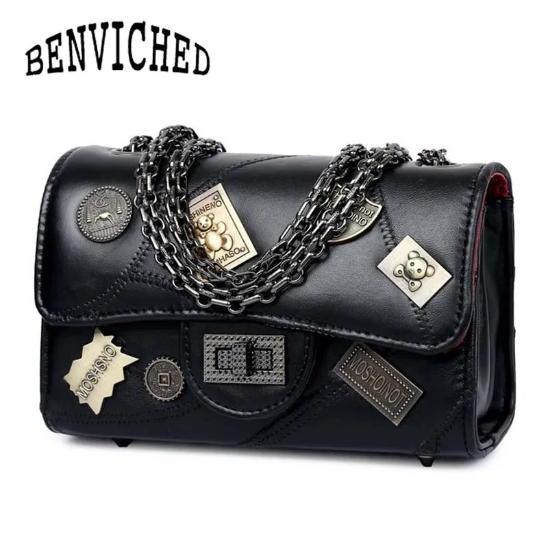 

BENVICHED Fashion Female Bag Handbags Quality PU Leather Women Bag British Retro Badge Square Rivet Shoulder Messenger Bag B049