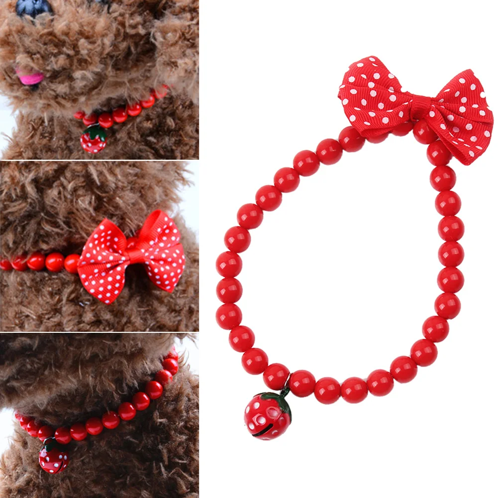 

1pc Pet Dog Cat Jewelry Beads Necklace Strawberry Bell Bowknot Red Acrylic Collar Pet Products Dog Supplies E5M1