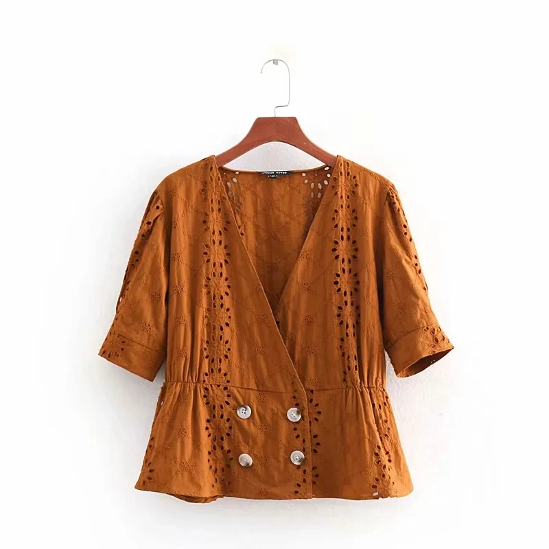

Hollowing Embroidery V-Neck Puff Sleeve Women Shirt Casual Button decoration Blouse Fashion Loose Tops Feminina Chemise S5276