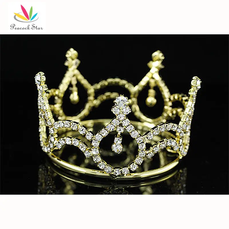 

Peacock Star New Born Baby Crystal Gold Color Metal Full Circle Round Mini Tiara Crown CT1733