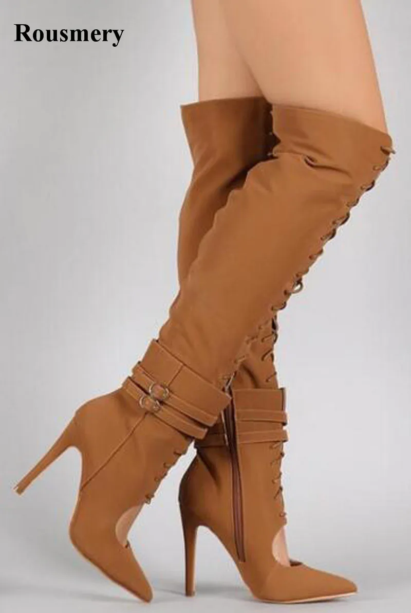 Botas Gratis Rodilla Cuero Gladiador Recorte Ante La Moda Alta as Picture Punta Talón As Encaje Mujeres De Picture Envío Estrecha Fina vCdqwq