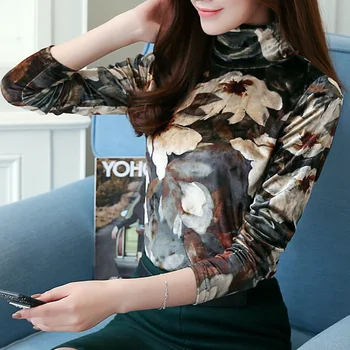 

Korean Women's Fashion Slim Turtleneck Floral Printing Plus Velvet Thick Warm Under T Shirt Female Casual Quality T Shirt Tops
