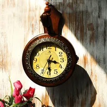 Household Decor Double Mute Clock Mediterranean-Style Retro Wood Round Wall Decoration Hanging Clock